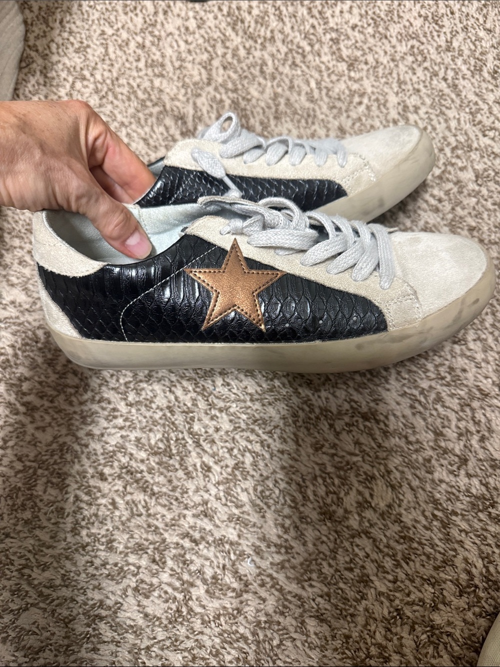 Women's Shushop Beige and Black Lace-Up Sneakers
